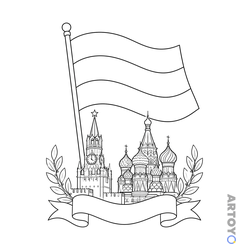 Флаги и герб России: раскраска Флаг России, Собор Василия Блаженного и Спасская башня