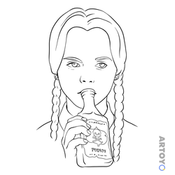 Раскраска Уэнсдей притворяется, что пьет яд