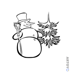 Раскраска Снеговичок с ёлкой, чёрно-белый контур
